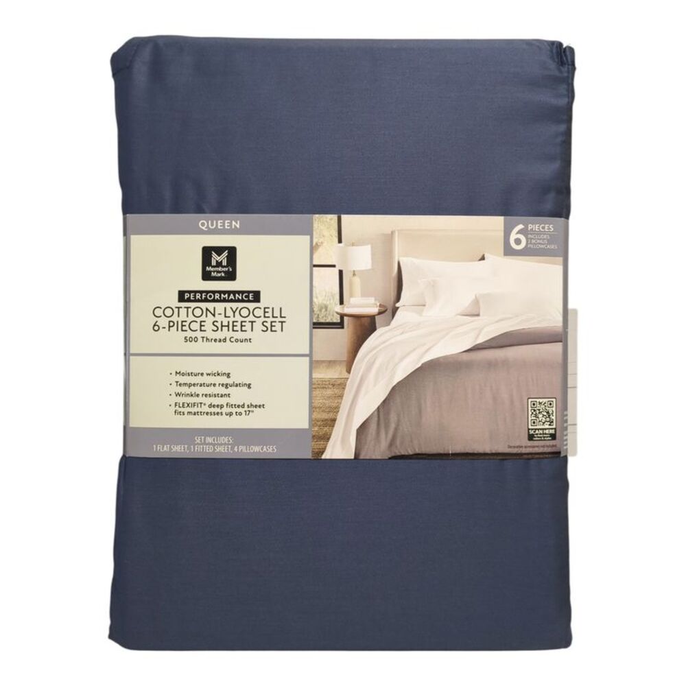 Washed Indigo - Member's Mark Performance Cotton-Lyocell Sheet Set, 500TC, 6 Pie